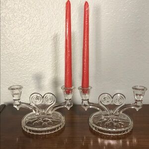 BUNDLE WITH TWO JEANETTE GLASS COSMOS CANDLE HOLDERS & NEW TAPERS